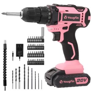 yougfin pink drill set for women, 20v battery powered electric drill machine cordless with charger, 25+1 torque setting, built-in led, handheld lightweight power drill driver for home use (3/8")