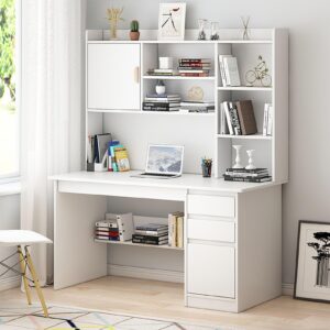 modern desk with storage drawers,wood computer desk with shelves,sturdy writing desk table with bookshelf, home office desk with drawers for study/workstation(120x45x164cm(47x18x64in), b)