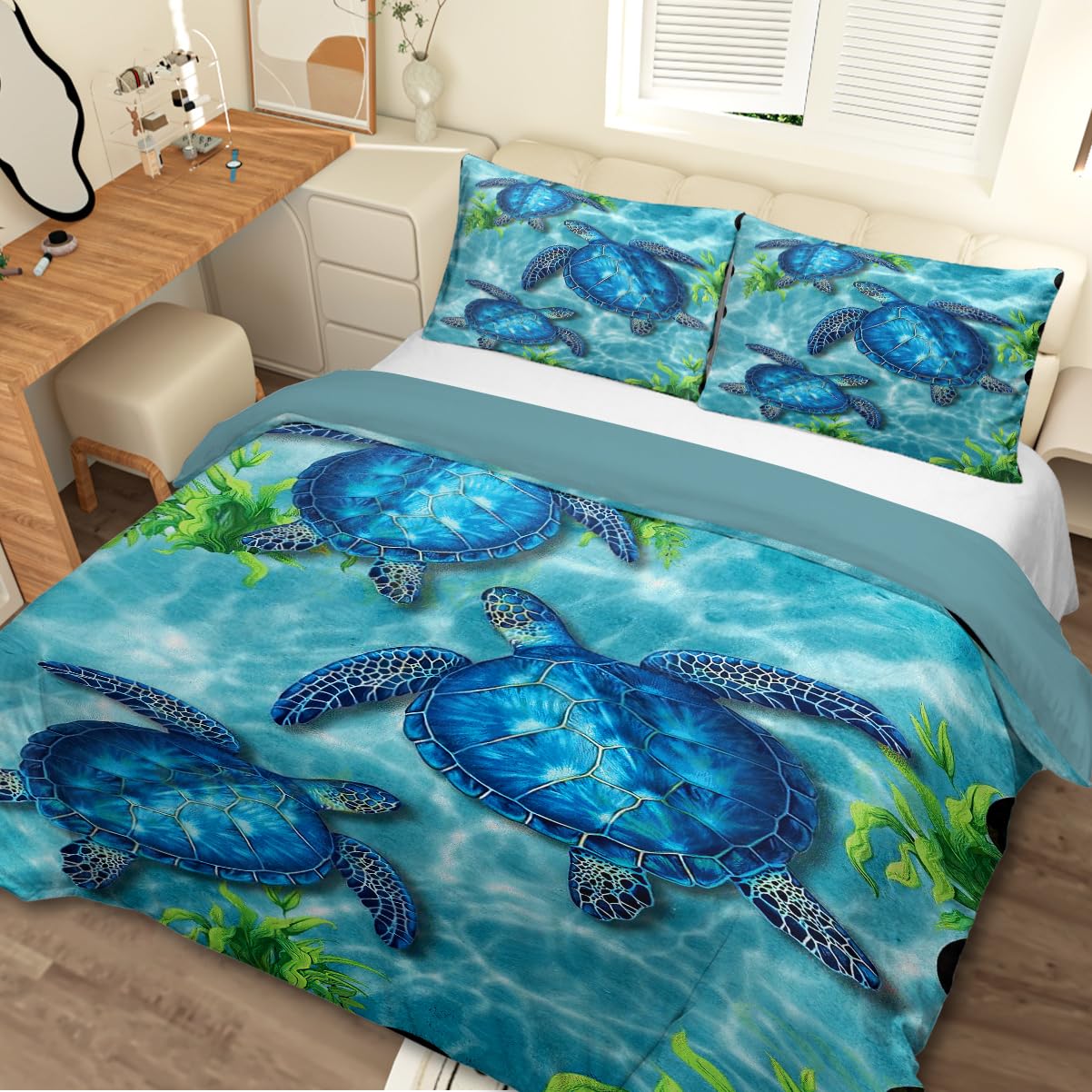 MILANKET Sea Turtle Duvet Cover Set, 100% Microfiber Blue Sea Turtle and Seaweed Pattern Bedding Set King Size, 3 Piece Ocean Turtle Themed Duvet Cover for Teens Boys and Girls