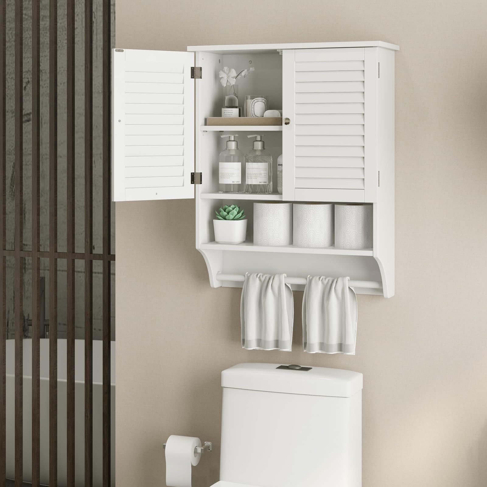 Giantex Bathroom Cabinet Wall Mounted - Hanging Medicine Cabinet with 2 Louvered Doors, 3-Position Adjustable Shelf, Towel Bar, Above Toilet Cabinet, Over The Toilet Space Saver Cabinet (White)