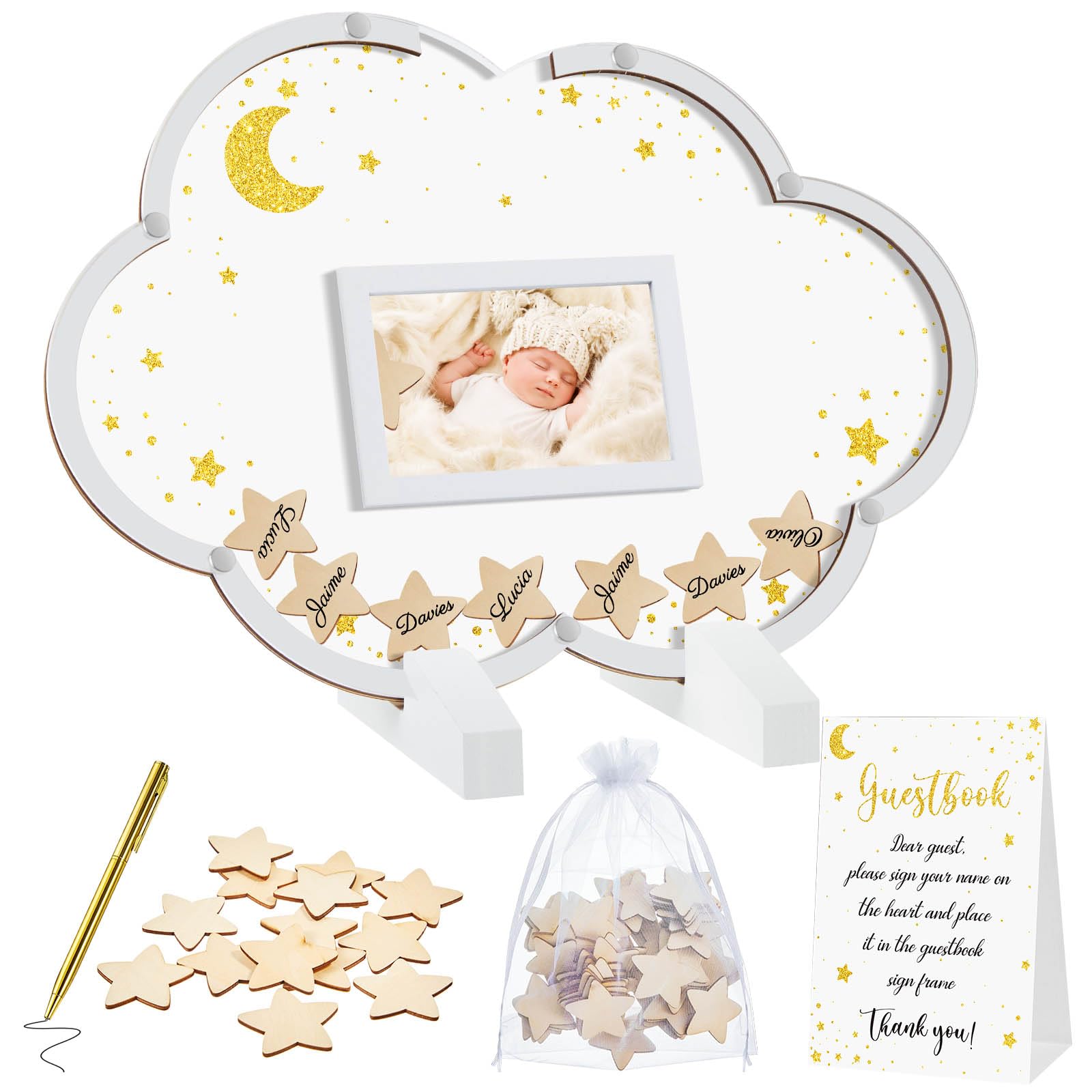 Kosiz Large Baby Shower Guest Book Alternatives Baby Shower Decorations with Wooden Hearts for 60 Guests Baby Shower Sign Picture Frame Pregnancy Keepsake for Soon to Be Moms(Cloud)