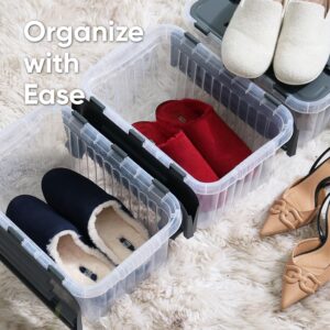 Superio Storage Box with Hinged Lids, Plastic Container Bins for Organizing with Attached Lid, Stackable Crates, BPA Free, Organizers for Home, Office, Dorm (Clear with Grey Lids, 15"x10"x7")