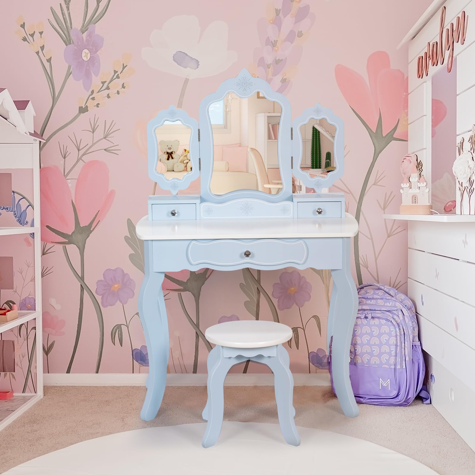 BRINJOY Kids Vanity Set, 2-in-1 Wooden Makeup Table & Stool w/Detachable Tri-fold Mirror, Pretend Play Princess Dressing Table w/Drawer&Accessories, Children Beauty Vanity Set for Girls 3+, Blue