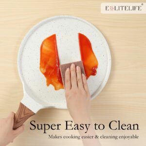 ESLITE LIFE Crepe Pan with Spreader, Nonstick Ceramic Coating Flat Skillet Tawa Dosa Tortilla Pan, PFOA Free (White, 11" w/spreader)