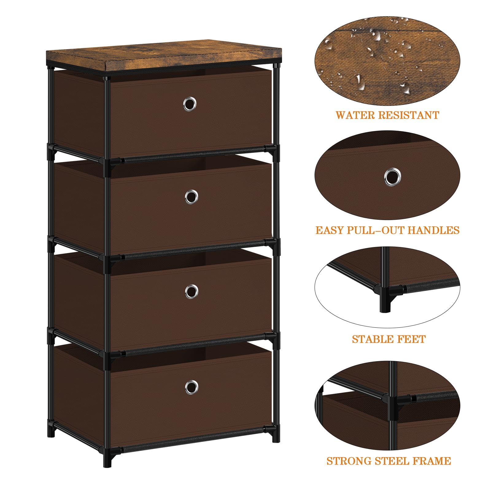 MOOACE Fabric Storage Dresser with Drawers, 4 Drawers Clothes Organizer and Storage Tower for Bedroom, Small Fabric Storage and Chest of Drawers, Brown