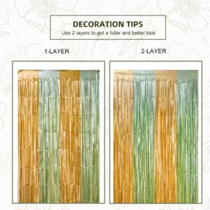 LOLStar Sage Green and Gold Party Decorations 2Pack 3.3X6.6ft Foil Fringe Curtains,Safari Green Baby Shower Decor also Perfect for Christmas Wedding Party,Princess Themed woodland Birthday Decorations