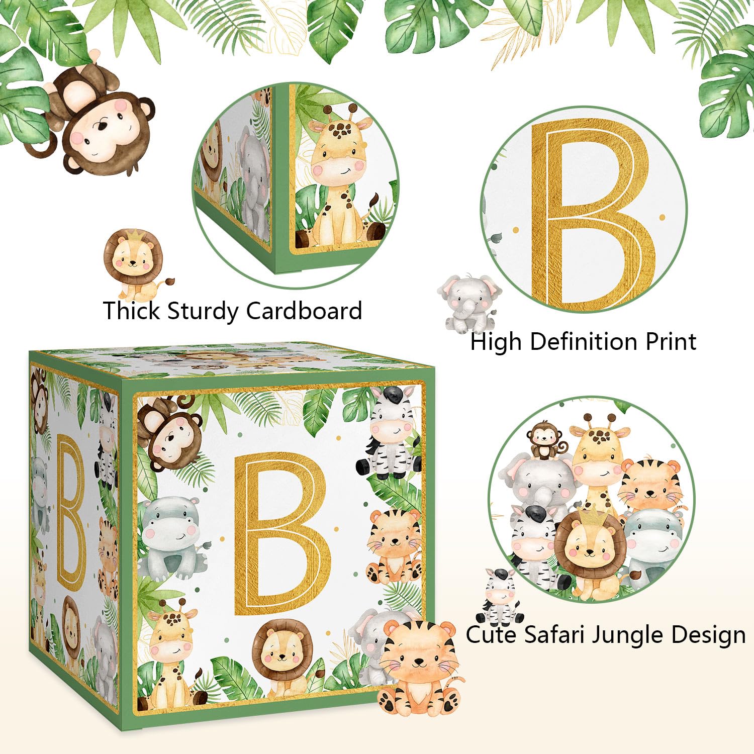 Lopeastar Safari Jungle Baby Shower Decorations Baby Boxes with Letters, 4Pcs Large Green Animals Boys Baby Shower Boxes Blocks and Baby Banner Party Decor