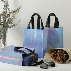 Sadnyy 48 Pack Reusable Gift Bags with Handles Iridescent Gift Bags Bulk Metallic Goodie Bag Tote Bags Wedding(Holographic)