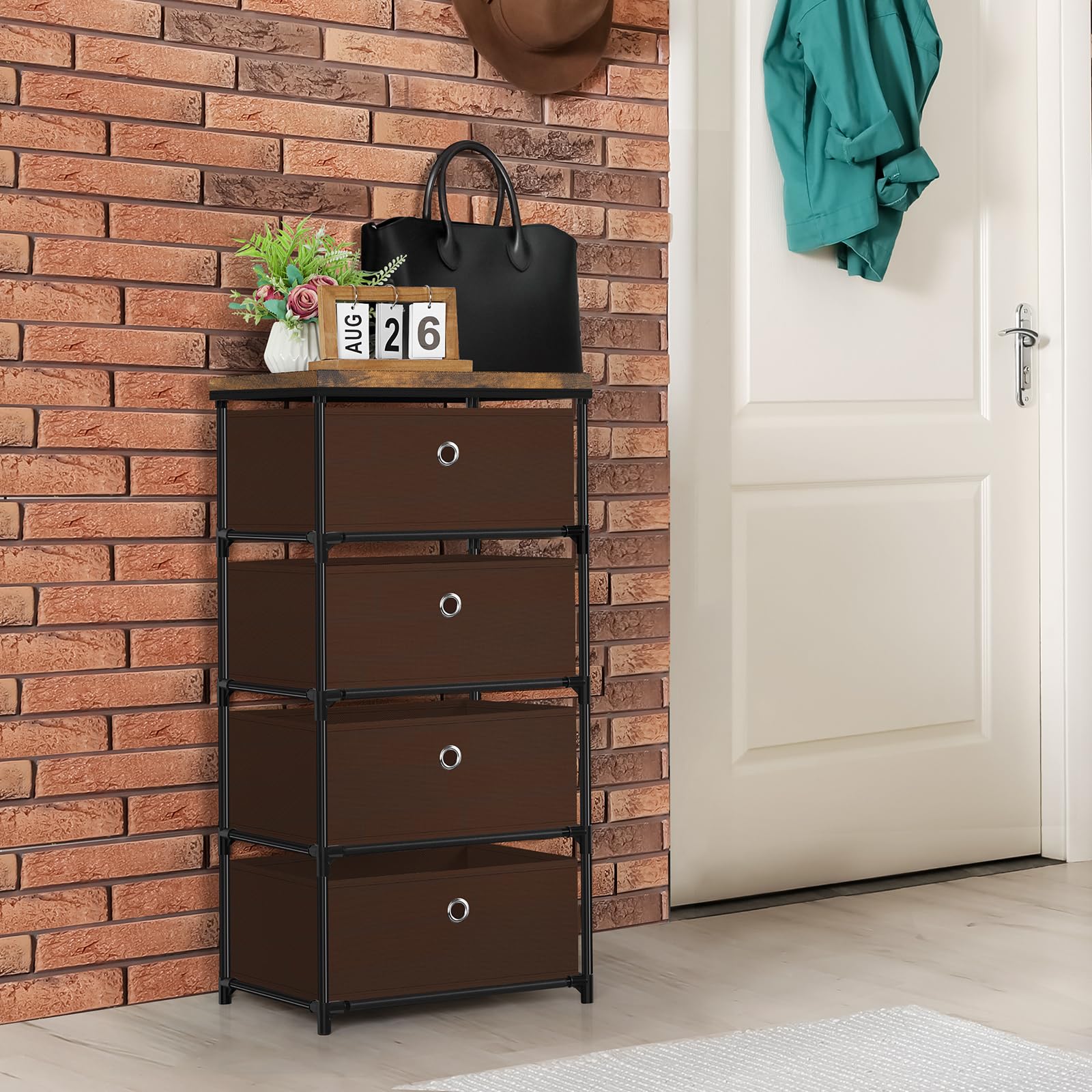 MOOACE Fabric Storage Dresser with Drawers, 4 Drawers Clothes Organizer and Storage Tower for Bedroom, Small Fabric Storage and Chest of Drawers, Brown