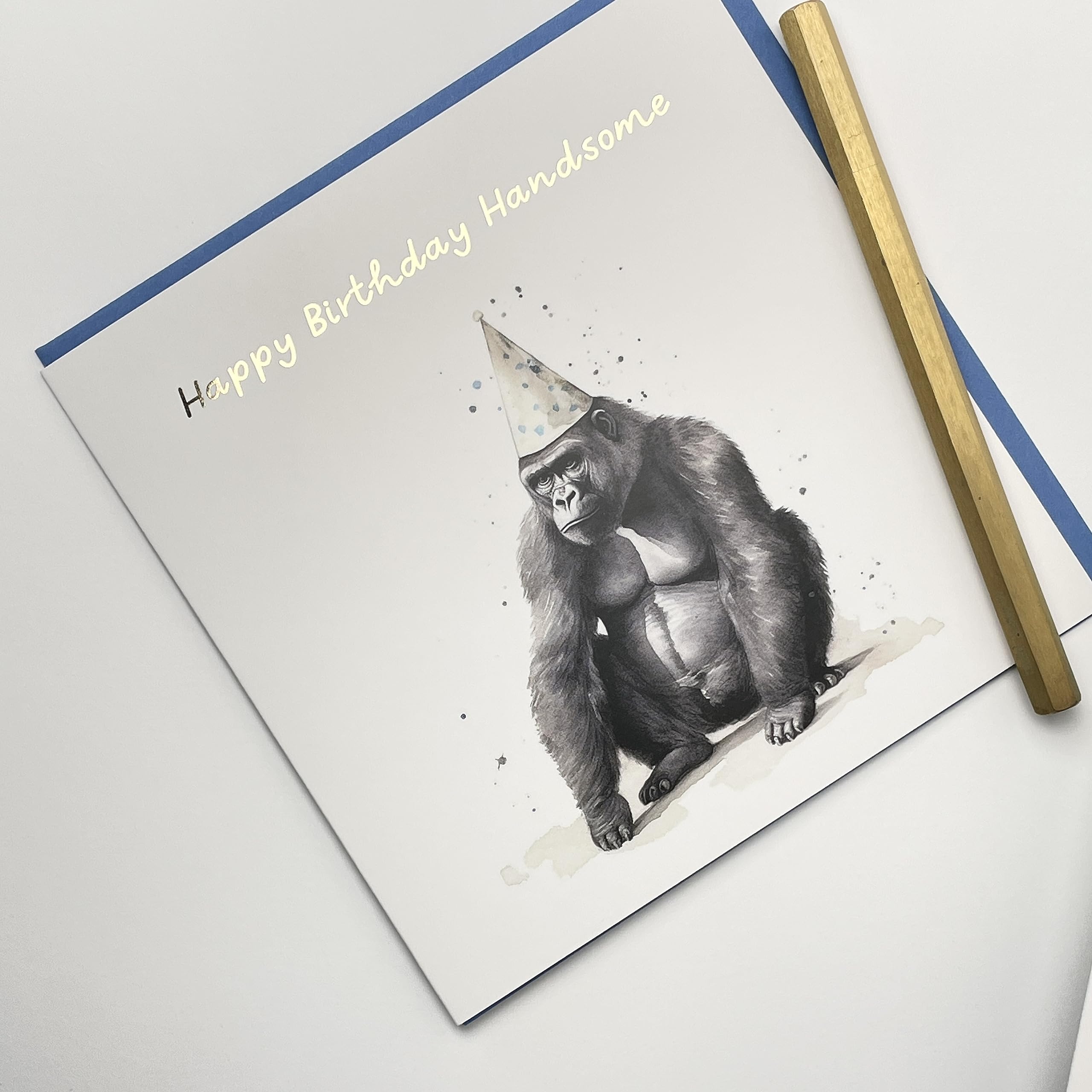 Old English Co. Happy Birthday Handsome Card for Him - Funyn Gorilla Party Hat Birthday Card for Dad, Son, Grandad, Nephew, Brother - Gold Foil Birthday Card for Men | Blank Inside with Envelope