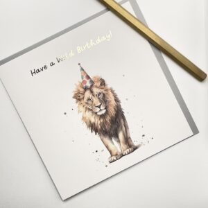 Old English Co. Lion Wild Birthday Card for Her - Fun Lionl Party Hat Birthday Card for Mum, Dad, Daughter, Son - Gold Foil Birthday Card for Women and Men | Blank Inside with Envelope