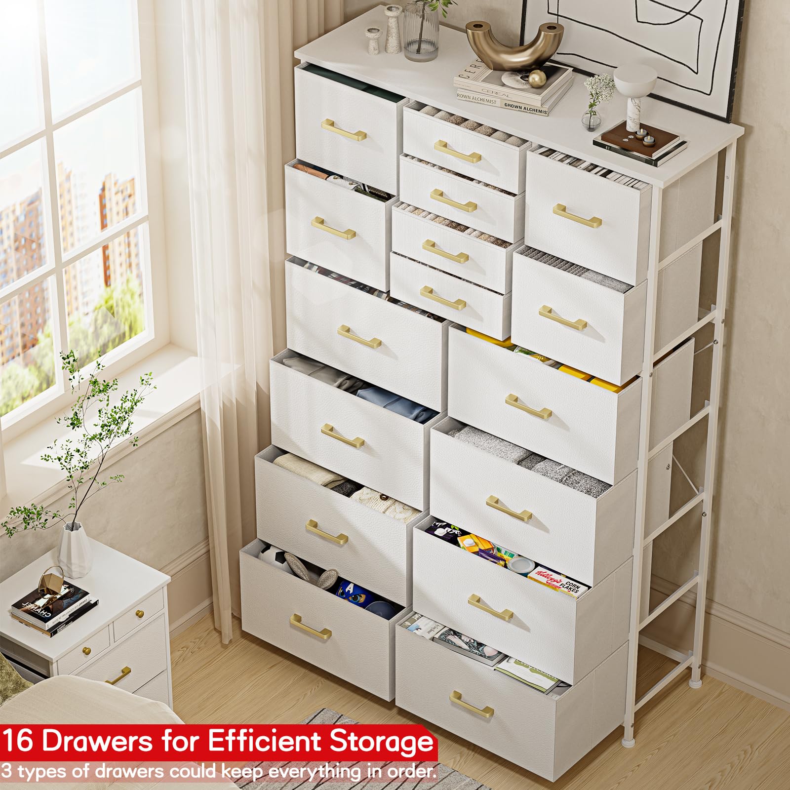 YILQQPER Tall Dresser for Bedroom,16 Drawer Dressers & Chests of Drawers, White Fabric Bedroom Dresser with Wood Top, Metal Frame, Tall Storage Tower for Closet Entryway, White