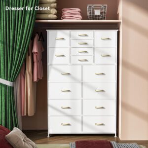 YILQQPER Tall Dresser for Bedroom,16 Drawer Dressers & Chests of Drawers, White Fabric Bedroom Dresser with Wood Top, Metal Frame, Tall Storage Tower for Closet Entryway, White