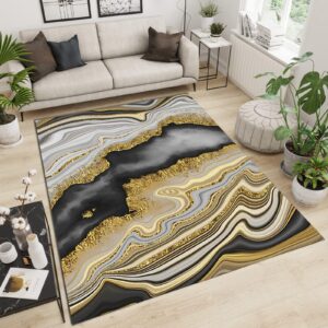 Modern Abstract Black Gold Marble Texture Area Rugs, Light Luxury Black and White Gold-Plated Indoor Non-Slip Kids Rugs, for Living Room Bedroom Kitchen Entryway Floor Mat-5x6ft