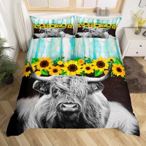 erosebridal highland cow flower bedding set 3 pcs rustic farmstyle comforter cover full, yellow sunflowers duvet cover black gray cow print bedding western farm wild animal highland cattle bedding