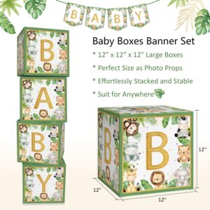 Lopeastar Safari Jungle Baby Shower Decorations Baby Boxes with Letters, 4Pcs Large Green Animals Boys Baby Shower Boxes Blocks and Baby Banner Party Decor