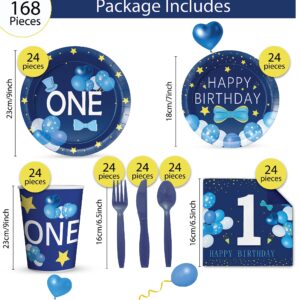 168 PCS Baby Boy 1st Birthday Baby Shower Favors Tableware Set, ONE Blue Set Serves 24 Guests Complete Set Plates & Silverware | Eco-Friendly Disposable Premium Thick Paper for Baby Shower Decorations