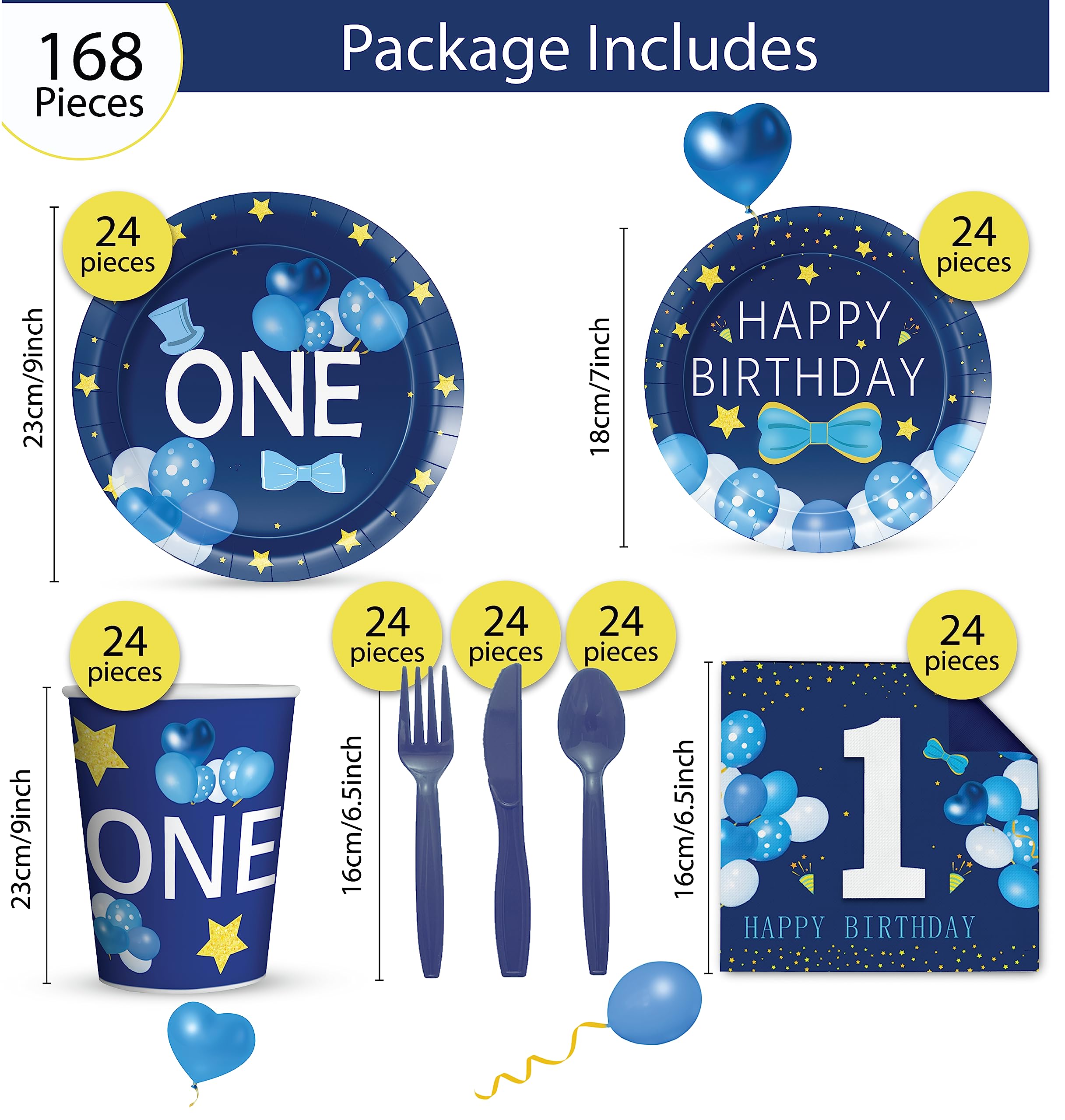 168 PCS Baby Boy 1st Birthday Baby Shower Favors Tableware Set, ONE Blue Set Serves 24 Guests Complete Set Plates & Silverware | Eco-Friendly Disposable Premium Thick Paper for Baby Shower Decorations