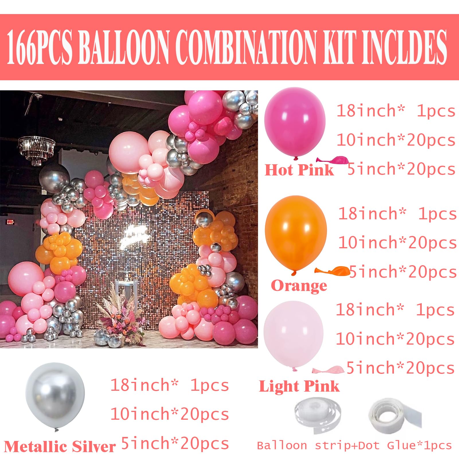 Orgnafey Hot Pink and Orange Balloon Garland Arch Kit 166pcs Pastel Light Pink and Metallic Silver Balloons For Tropical Party Supplies Summer Party Wedding Engagement Baby Shower Birthday Decorations