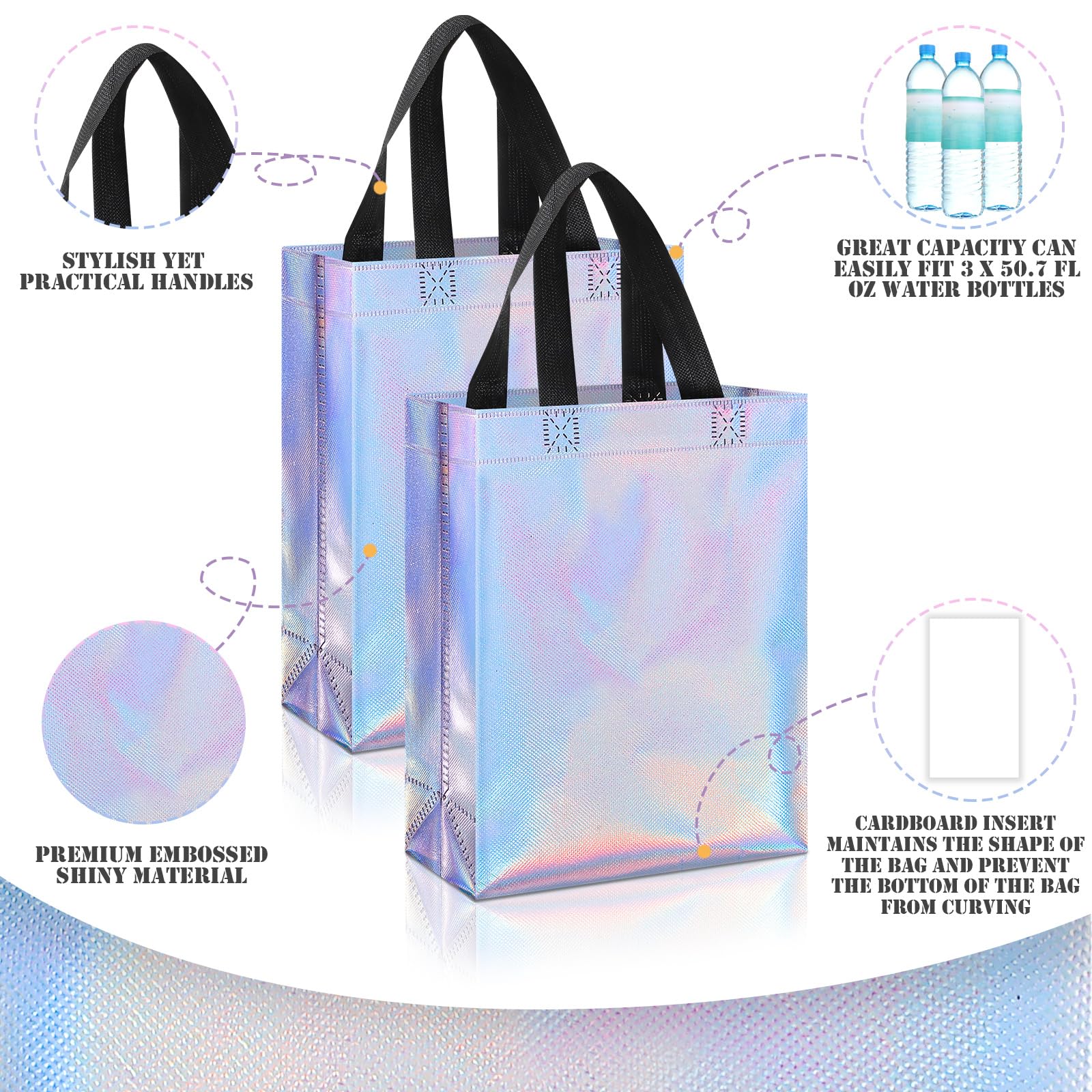 Sadnyy 48 Pack Reusable Gift Bags with Handles Iridescent Gift Bags Bulk Metallic Goodie Bag Tote Bags Wedding(Holographic)