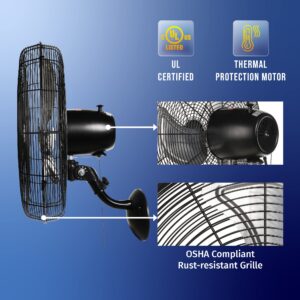 Tornado 20 Inch Pro Series High Velocity Oscillating Wall Mount Fan For Industrial, Commercial, Residential Use 3 Speed 5250 CFM UL Safety Listed