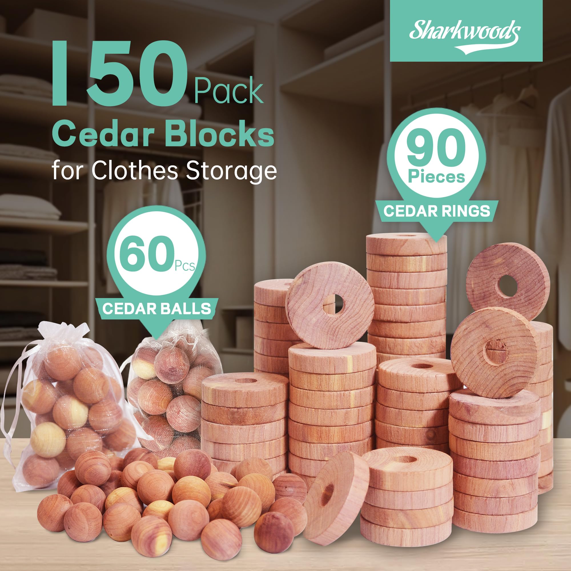 150 Cedar Blocks for Clothes Storage Cedar Variety, Cedar Rings & Cedar Balls 100% Natural Aromatic Cedar Accessories for Closets & Drawers (150 Pack-Rings & Balls)