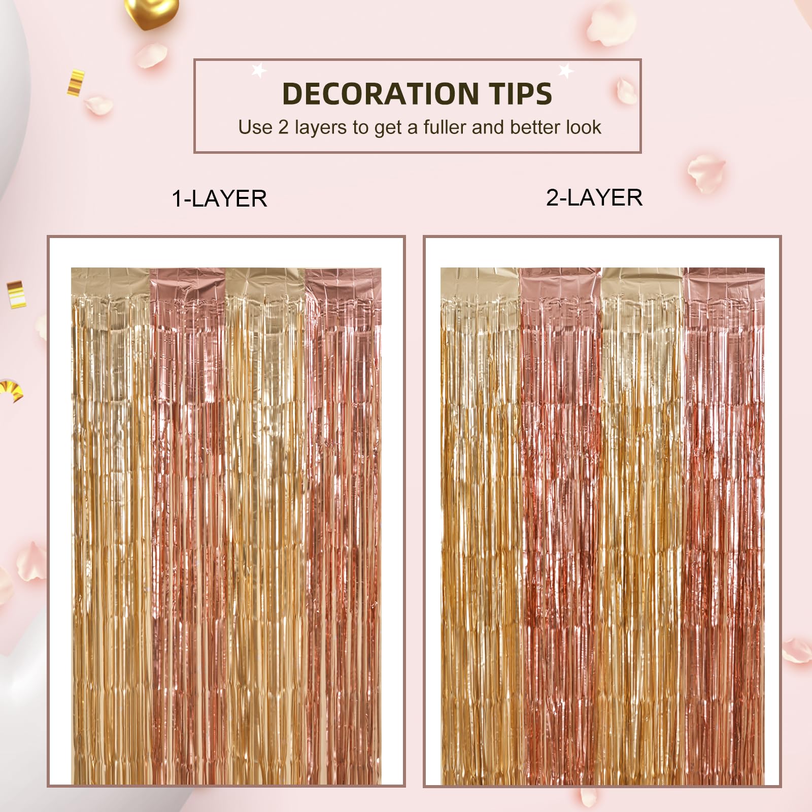 LOLStar 2 Pack Rose Gold Birthday Decorations, 3.3x6.6ft Pink and Gold Foil Fringe Curtains, Tinsel Streamers Backdrop Photo Booth Props for Bridal Shower Ballerina Valentine's Party Decor