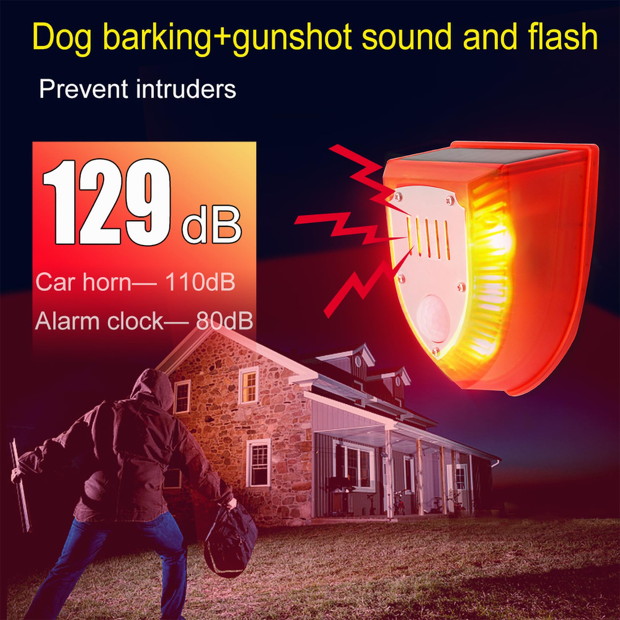 Comboss Solar Outdoor Motion Sensor Alarm, Barking Dog Motion Sensor, Barking Dog & Gunshot Sound 129bd Super Loud Noise Strobe Light with USB Charge Cable 3 Work Modes for Farm, Villa Yard