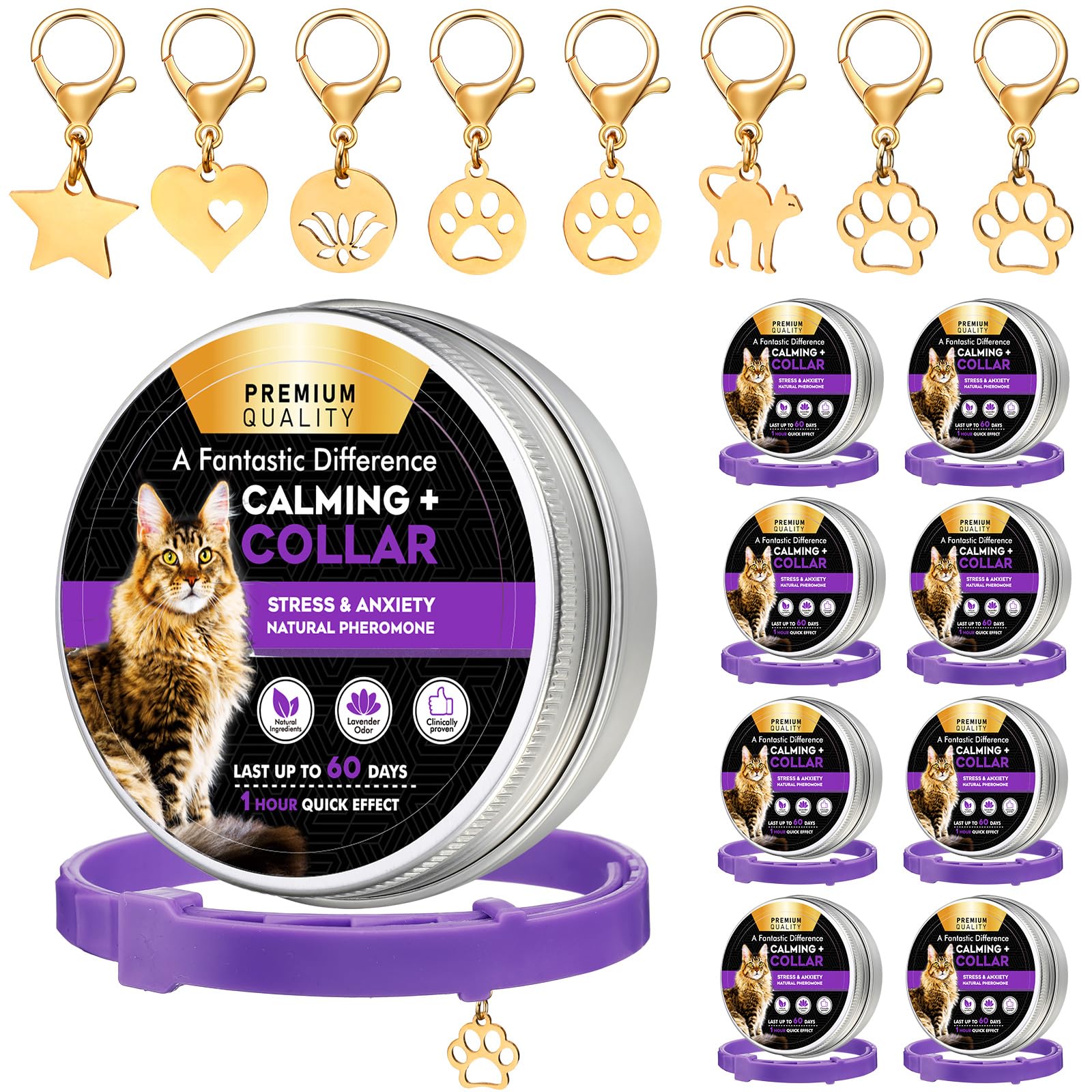 Silkfly 8 Pcs Calming Collar for Cats Adjustable Cat Calming Collar with 8 Pendant Calming Pheromone Collar for Cat Pheromone Kittens Behavior and Calming Collar Relieve Anxiety Stress for Kitten Cat