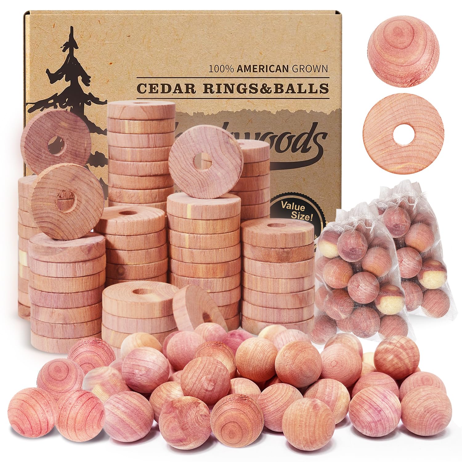 150 Cedar Blocks for Clothes Storage Cedar Variety, Cedar Rings & Cedar Balls 100% Natural Aromatic Cedar Accessories for Closets & Drawers (150 Pack-Rings & Balls)