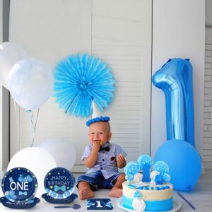 168 PCS Baby Boy 1st Birthday Baby Shower Favors Tableware Set, ONE Blue Set Serves 24 Guests Complete Set Plates & Silverware | Eco-Friendly Disposable Premium Thick Paper for Baby Shower Decorations