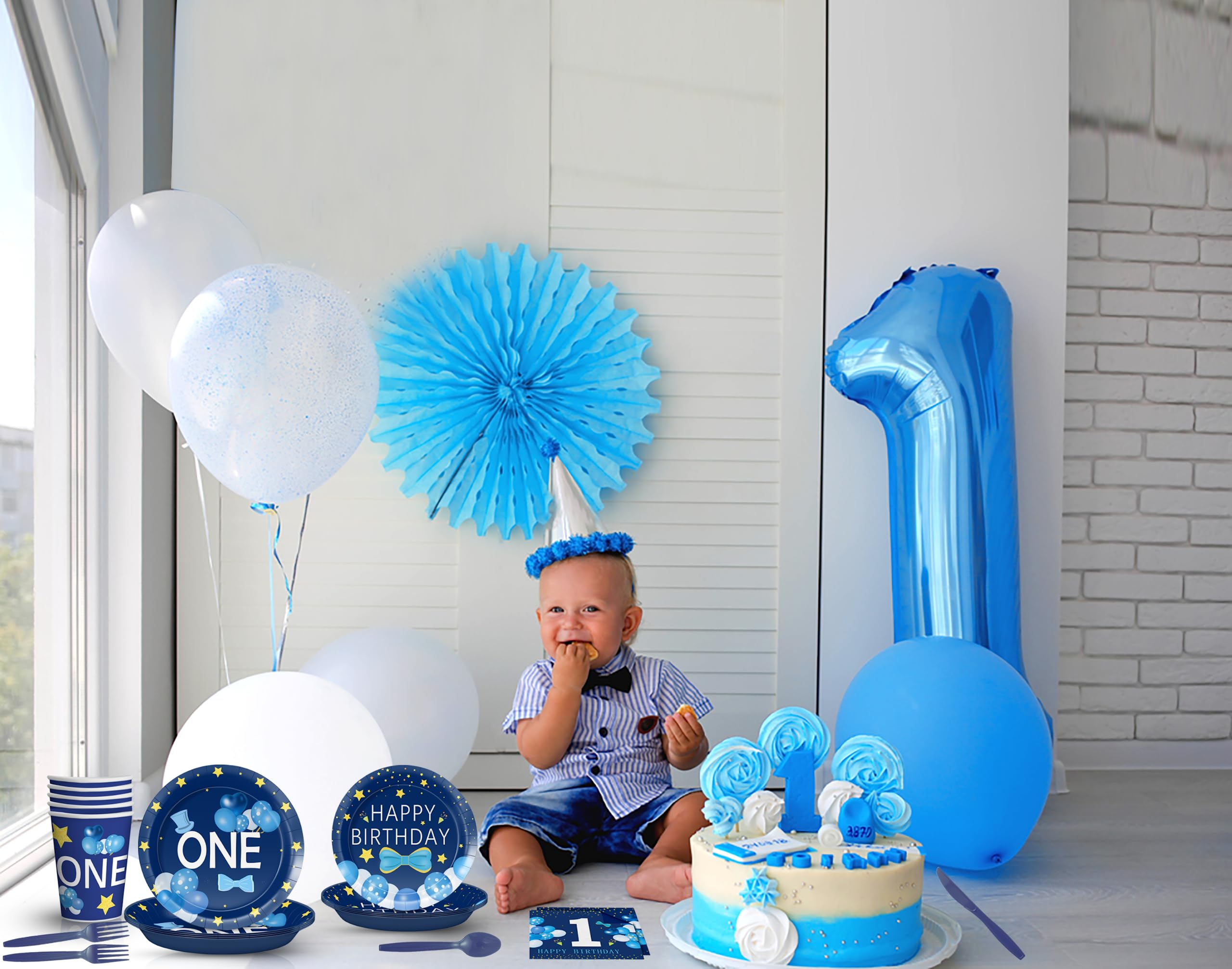 168 PCS Baby Boy 1st Birthday Baby Shower Favors Tableware Set, ONE Blue Set Serves 24 Guests Complete Set Plates & Silverware | Eco-Friendly Disposable Premium Thick Paper for Baby Shower Decorations