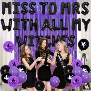 Halloween Bachelorette Party Decorations, Miss to Mrs with All My Witches Balloons Banner, Bride to Be Sash, Witch Hat Diamond Ring Balloons, Fringe Curtain for Women Witch, Bridal Shower Party Decor