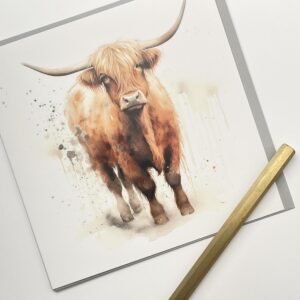 Old English Co. Watercolour Highland Cattle Cow Greeting Card for Birthday - Cute Birthday Card for Mum, Nan, Her - Wildlife Art Card for Thinking of You, Thank You | Blank Inside Envelope