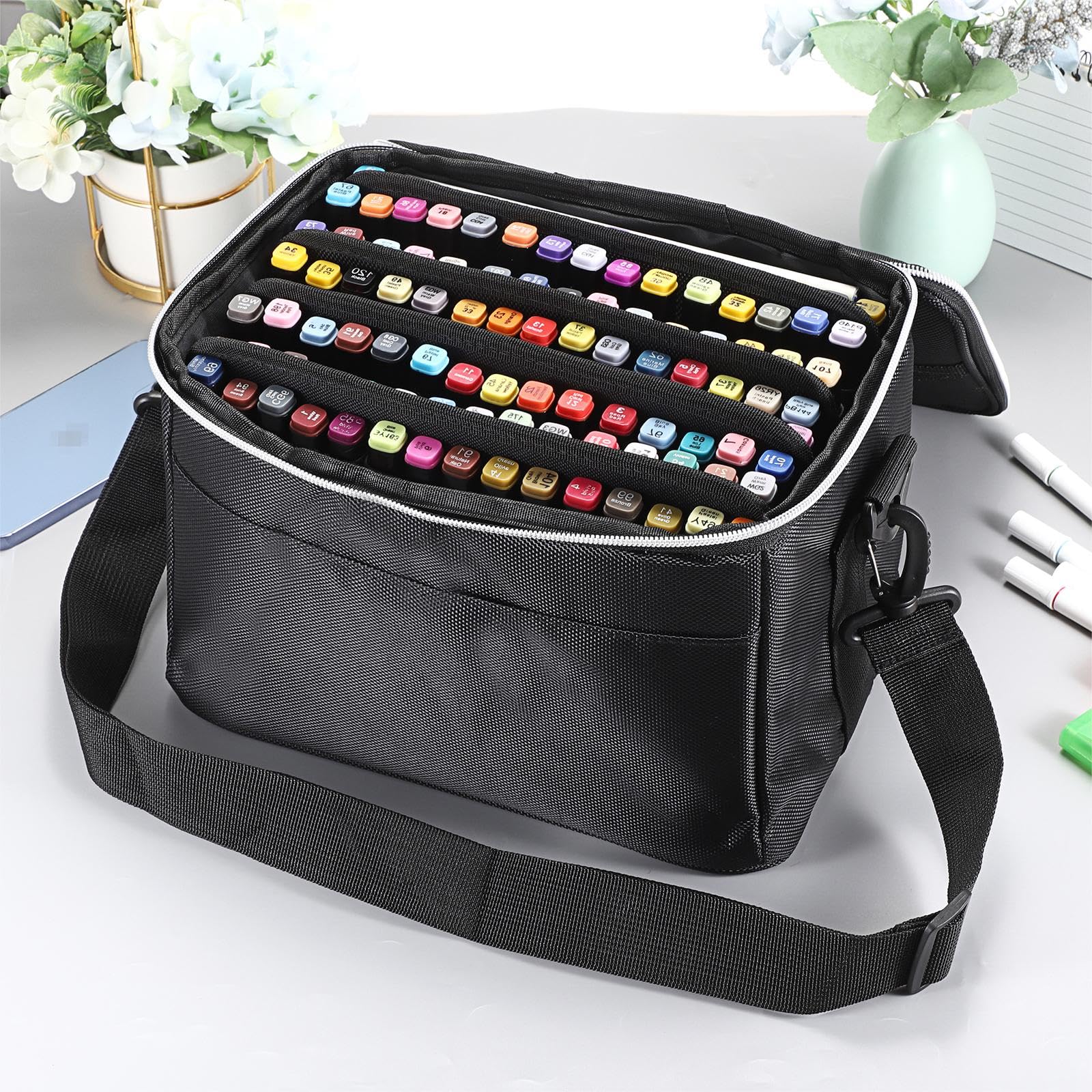 BTSKY Multifunction Marker Storage Organizer Marker Holder for 120 Markers- Zippered Canvas Pen Bag Pencil Bag with Carrying Handle, Adjustable Strap& Removable Sleeves Versatile Art Bag for Supplies