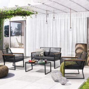 patiorama 4 piece patio furniture set, outdoor wicker bistro set, all-weather black pe rattan conversation set w/coffee table, loveseat, wood-like armrest, cushions for garden balcony deck, dark grey