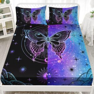 Datura home Bedding Fitted Sheet and Flat Sheet Set 4Pcs Black Blue Butterfly Printed Bedding Set with 1 Flat Sheet and 1 Fitted Sheet + 2 Pillowcases for Girls (Black Blue Butterfly Full)