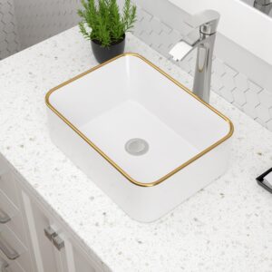 dcolora vessel sink rectangular 16"x12" white vessel sink with gold rim ceramic porcelain rectangle bathroom sink above counter vanity sink basin