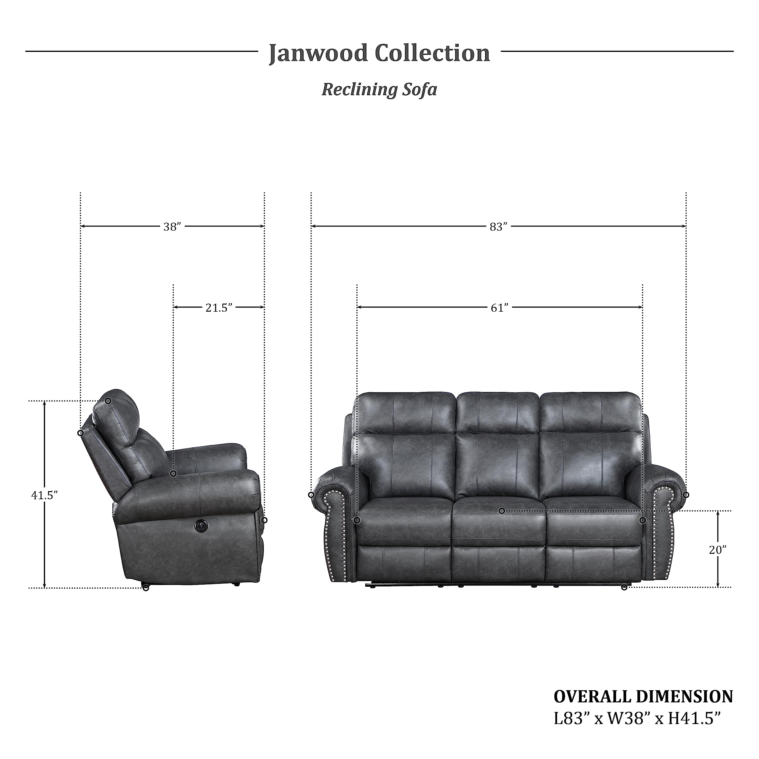 Lexicon Janwood Wall-Hugger Power Double Reclining Sofa, Gray