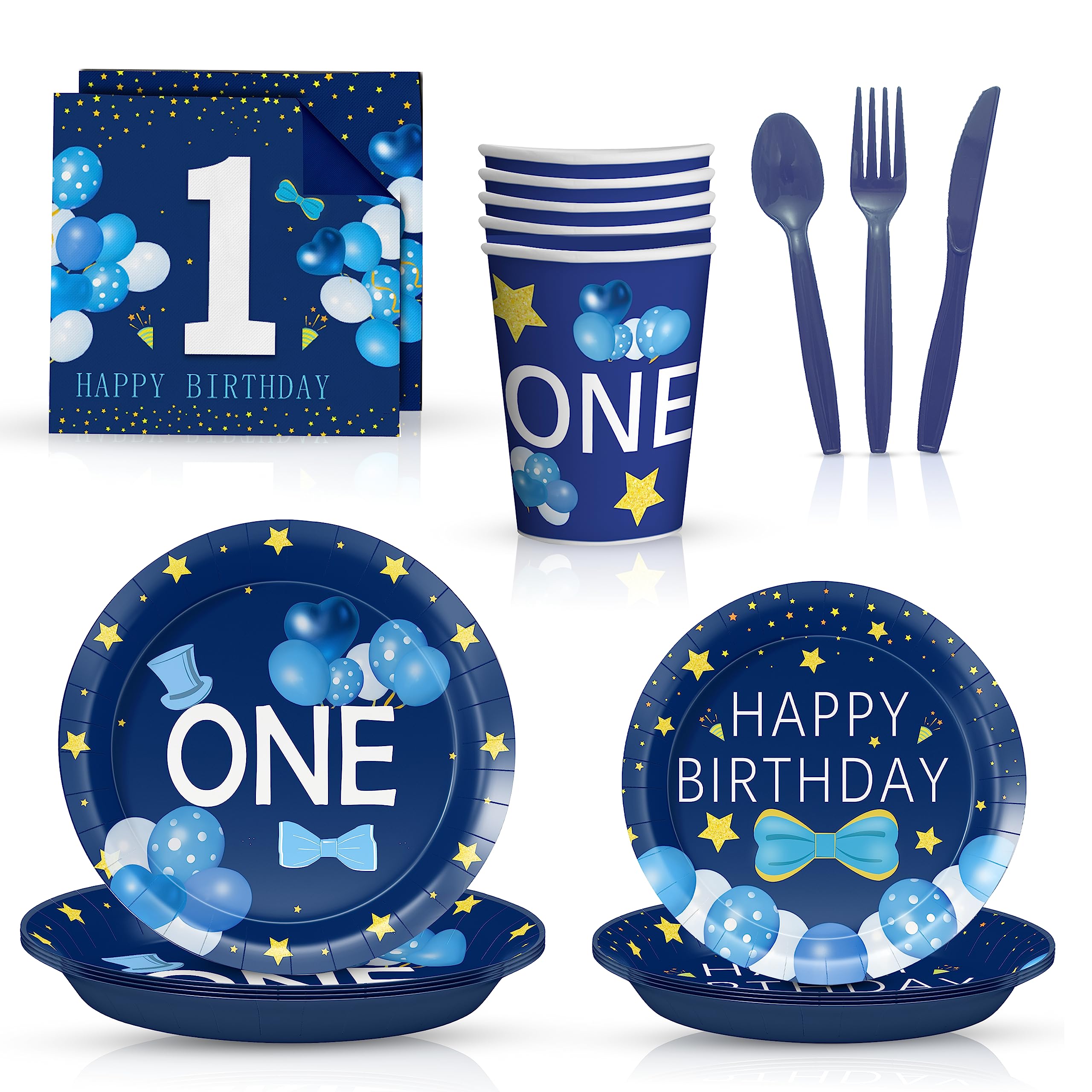 168 PCS Baby Boy 1st Birthday Baby Shower Favors Tableware Set, ONE Blue Set Serves 24 Guests Complete Set Plates & Silverware | Eco-Friendly Disposable Premium Thick Paper for Baby Shower Decorations