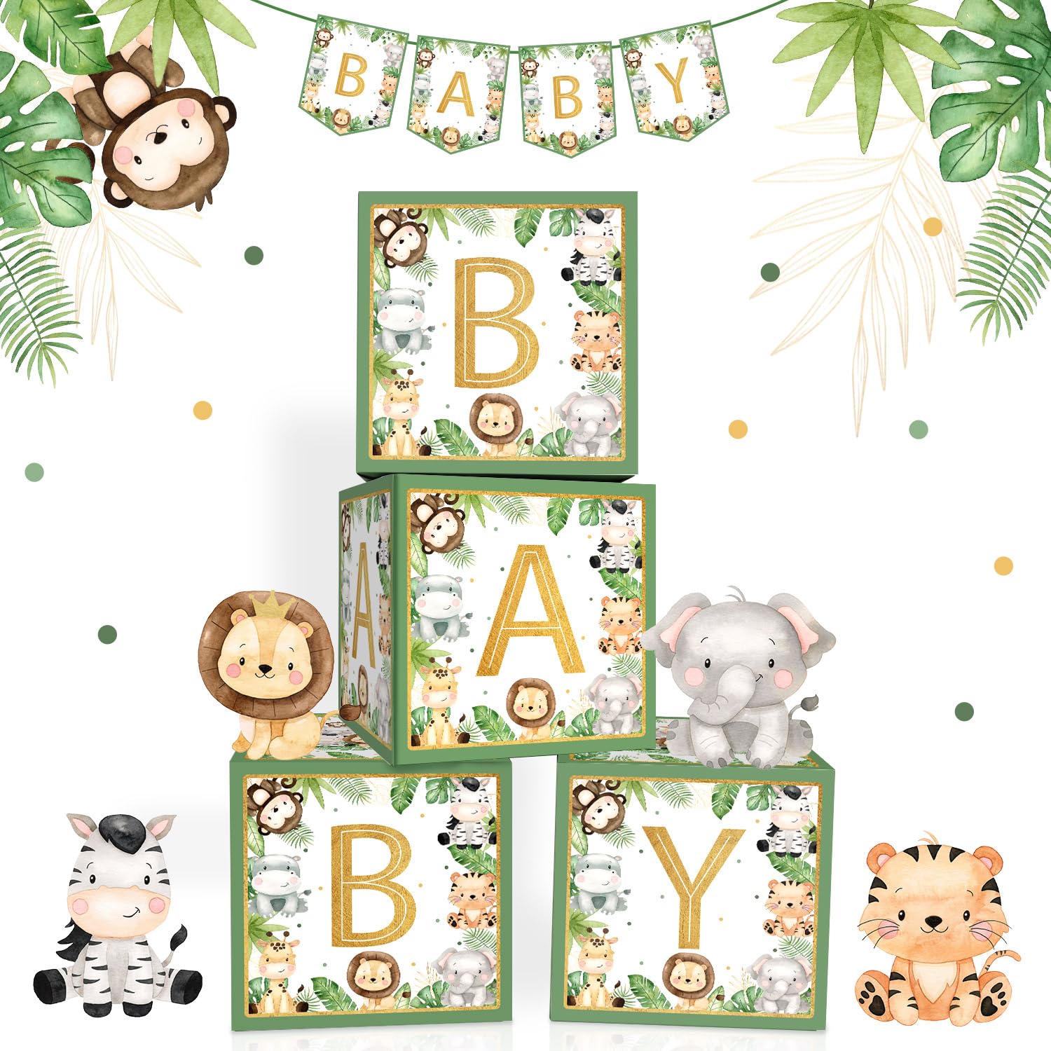 Lopeastar Safari Jungle Baby Shower Decorations Baby Boxes with Letters, 4Pcs Large Green Animals Boys Baby Shower Boxes Blocks and Baby Banner Party Decor