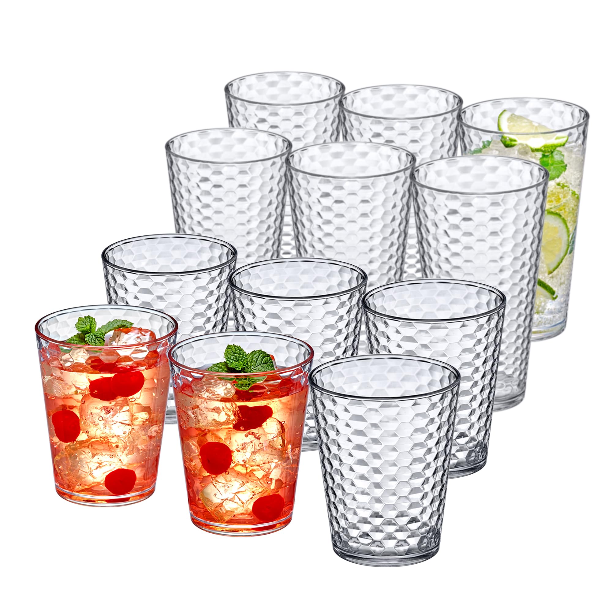 Amazing Abby - Snowflake - 16-Ounce and 24-Ounce Plastic Tumblers (Set of 12), Plastic Drinking Glasses, All-Clear Reusable Plastic Cups, Stackable, BPA-Free, Shatter-Proof, Dishwasher-Safe