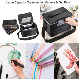 BTSKY Multifunction Marker Storage Organizer Marker Holder for 120 Markers- Zippered Canvas Pen Bag Pencil Bag with Carrying Handle, Adjustable Strap& Removable Sleeves Versatile Art Bag for Supplies