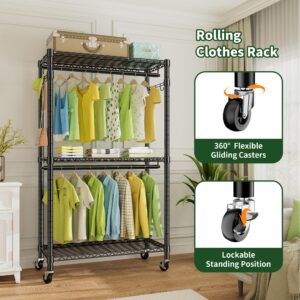 SEMHOR S3-M Portable Closets Rolling Clothes Rack 3 Tier Heavy Duty Clothing Rack with 2 Hanging Rod and 2 Side Hooks, Freestanding Adjustable Wardrobe Garment Rack for Bedroom Laundry