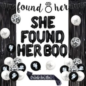 halloween bachelorette party decoration, she found her boo banner bride to be sash black fringe curtain black white balloons bat diamond ring foil balloon for bridal shower hen party decor