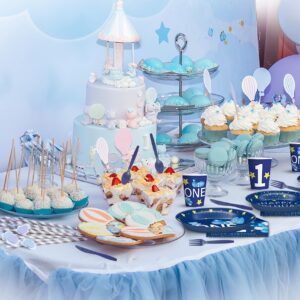 168 PCS Baby Boy 1st Birthday Baby Shower Favors Tableware Set, ONE Blue Set Serves 24 Guests Complete Set Plates & Silverware | Eco-Friendly Disposable Premium Thick Paper for Baby Shower Decorations