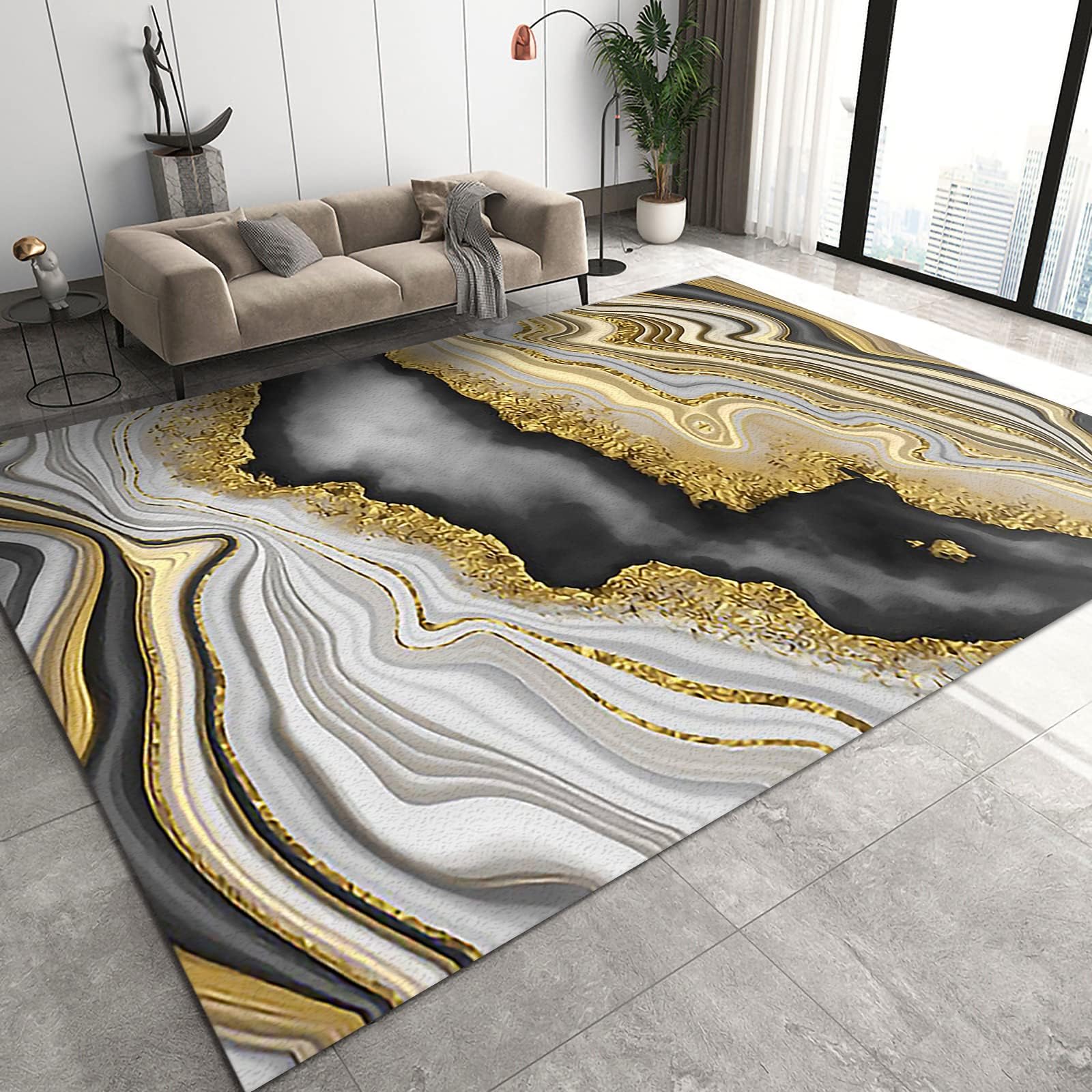 Modern Abstract Black Gold Marble Texture Area Rugs, Light Luxury Black and White Gold-Plated Indoor Non-Slip Kids Rugs, for Living Room Bedroom Kitchen Entryway Floor Mat-5x6ft