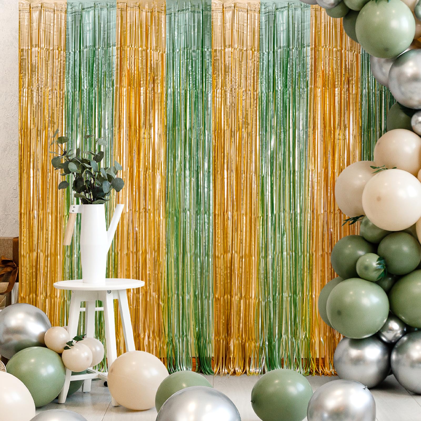 LOLStar Sage Green and Gold Party Decorations 2Pack 3.3X6.6ft Foil Fringe Curtains,Safari Green Baby Shower Decor also Perfect for Christmas Wedding Party,Princess Themed woodland Birthday Decorations