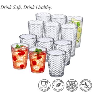 Amazing Abby - Snowflake - 16-Ounce and 24-Ounce Plastic Tumblers (Set of 12), Plastic Drinking Glasses, All-Clear Reusable Plastic Cups, Stackable, BPA-Free, Shatter-Proof, Dishwasher-Safe