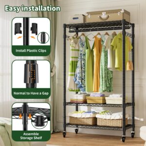 SEMHOR S3-M Portable Closets Rolling Clothes Rack 3 Tier Heavy Duty Clothing Rack with 2 Hanging Rod and 2 Side Hooks, Freestanding Adjustable Wardrobe Garment Rack for Bedroom Laundry